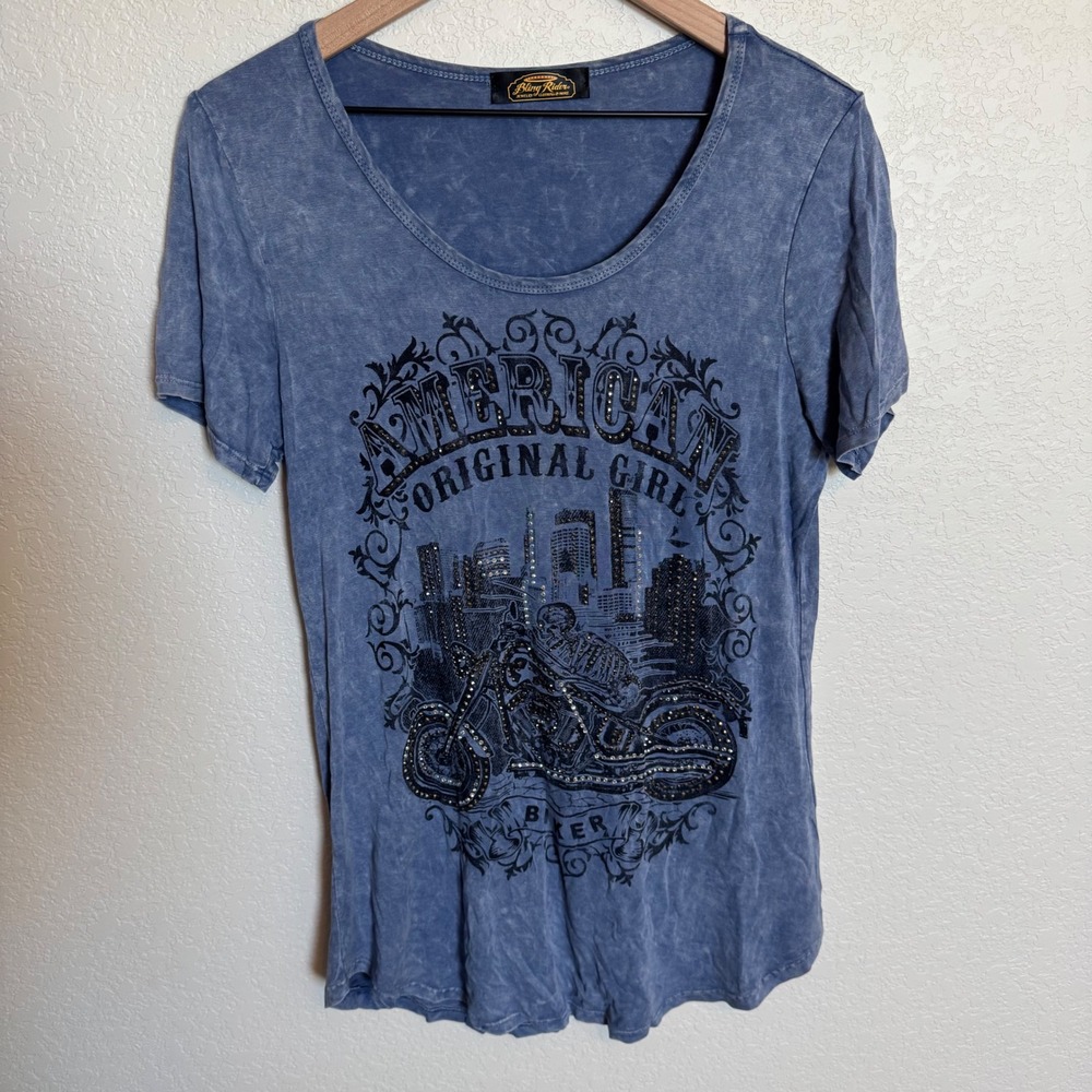 Bikercore Rhinestone Grunge Bling Rider Vocal Graphic Tee Medium Blue‎ Acid Wash